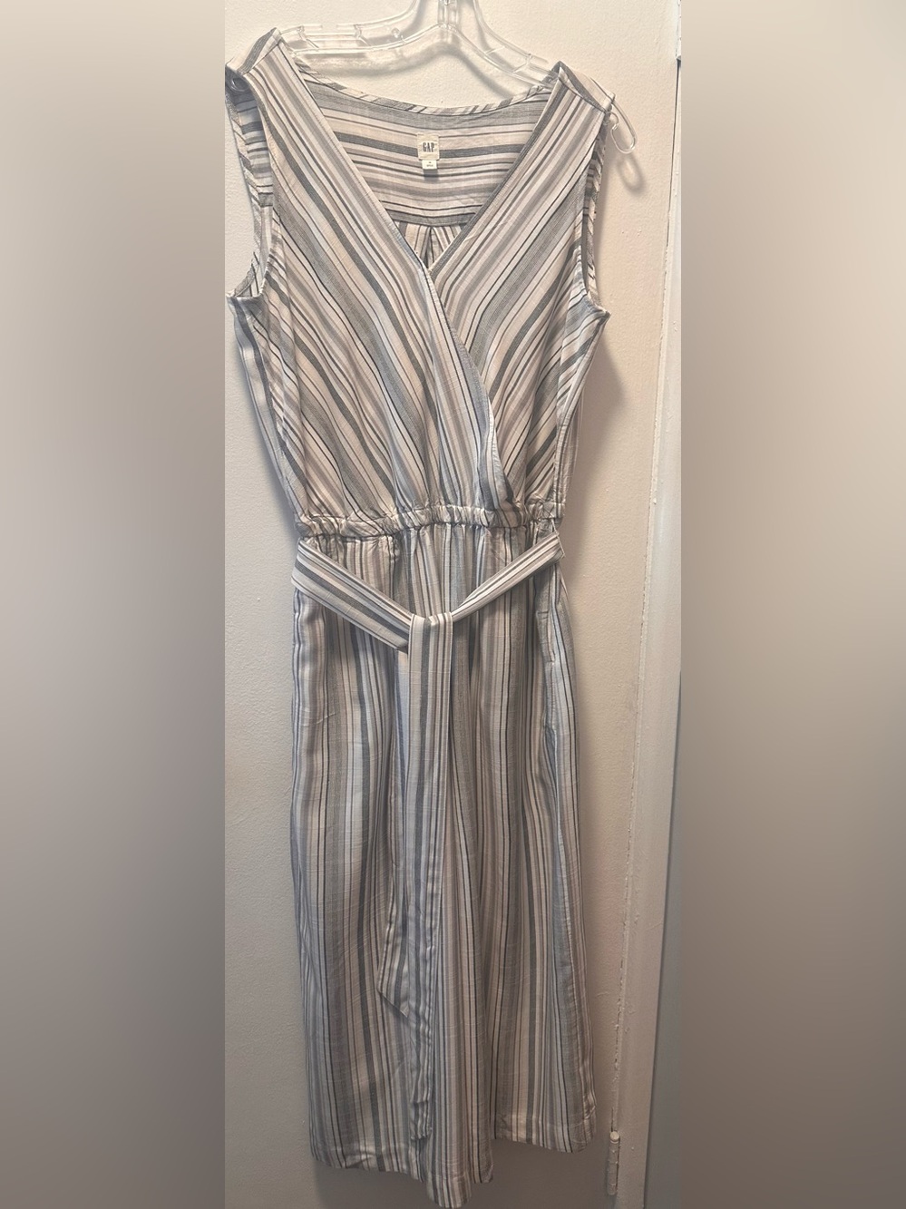 Gap Striped Wrap Jumpsuit M Tie Waist Wide Leg Sleeveless Black White Pockets